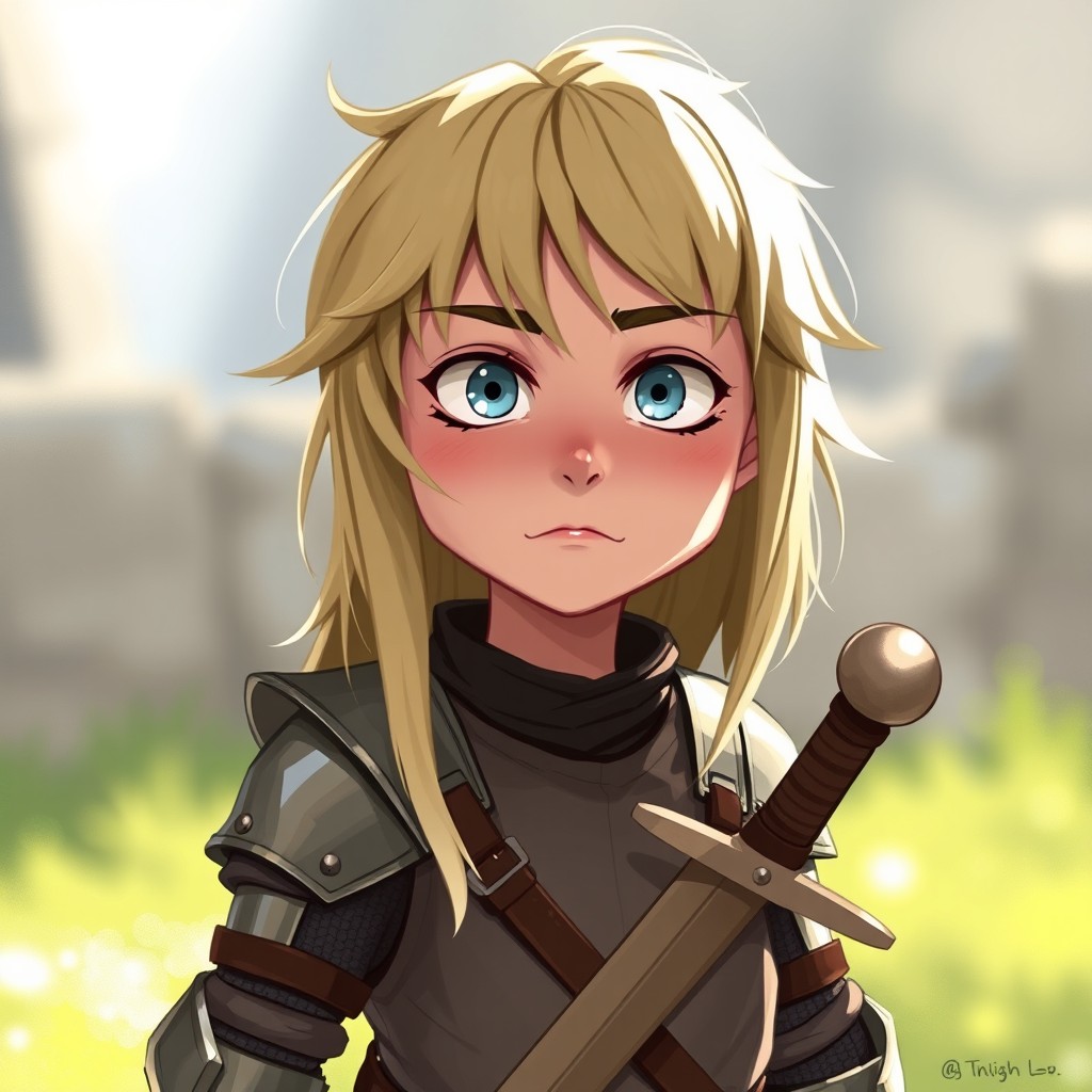 A character concept art of a human knight with a messy curtain bangs hairstyle, featuring long blonde hair parted in the middle, covering their forehead