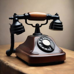 A vintage telephone resting on a wooden table, mid-ring. The stout rotary phone exhibits intricate details, complemented by the softly lit ambient setting.