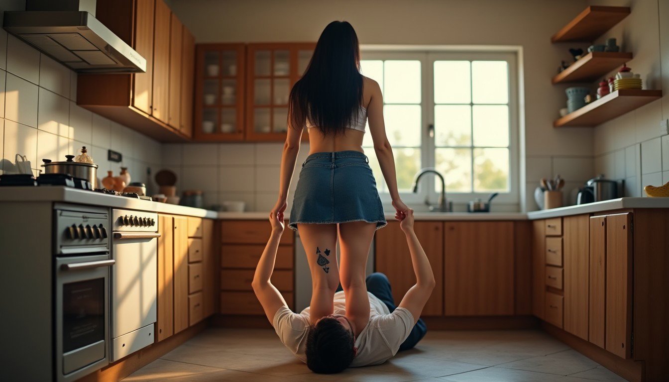 In a spacious kitchen, a plumber lies on his back under the sink, repairing a pipe