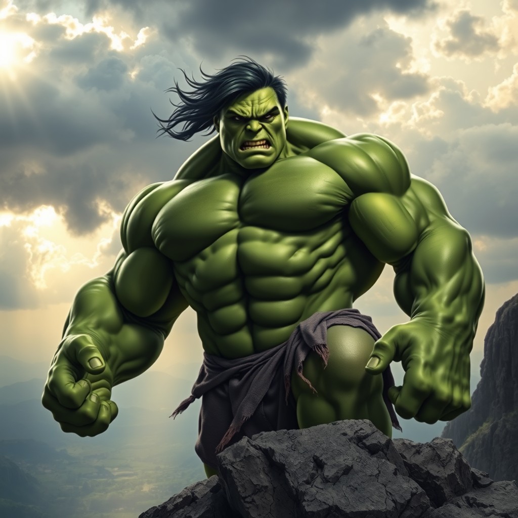 A powerful green superhero known as the Hulk, showcasing his massive physique and incredible strength, standing in a dramatic pose atop a rocky cliff overlooking a vast landscape