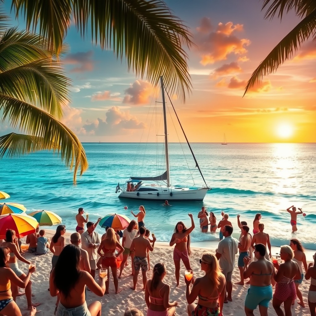A joyful beach party scene near a beautiful katamaran sailing on the gentle waves of the sea