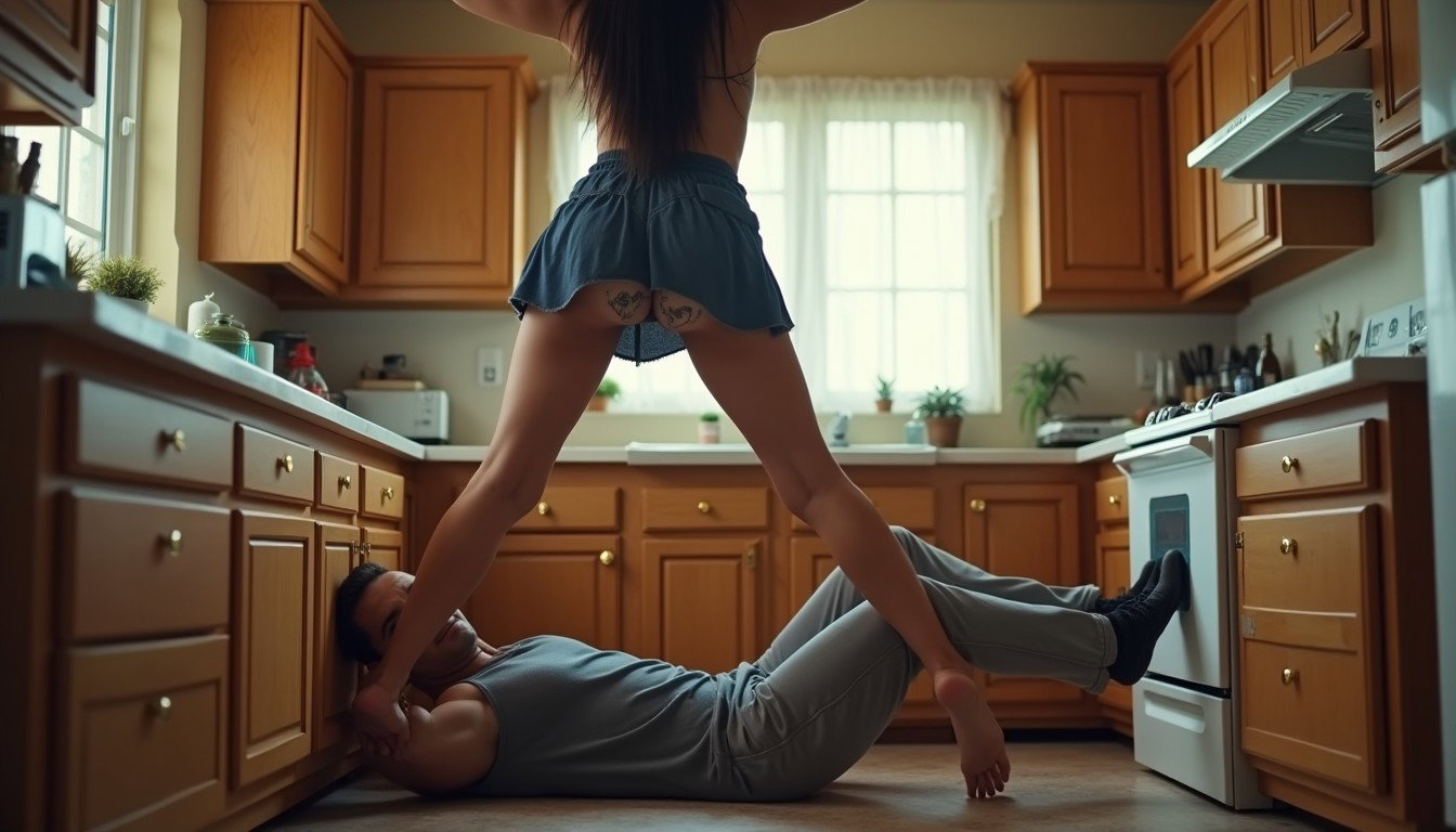 An expansive view of a cozy kitchen featuring a plumber lying on his back under the sink with his legs extended outward and his head tucked beneath the sink as he repairs a pipe