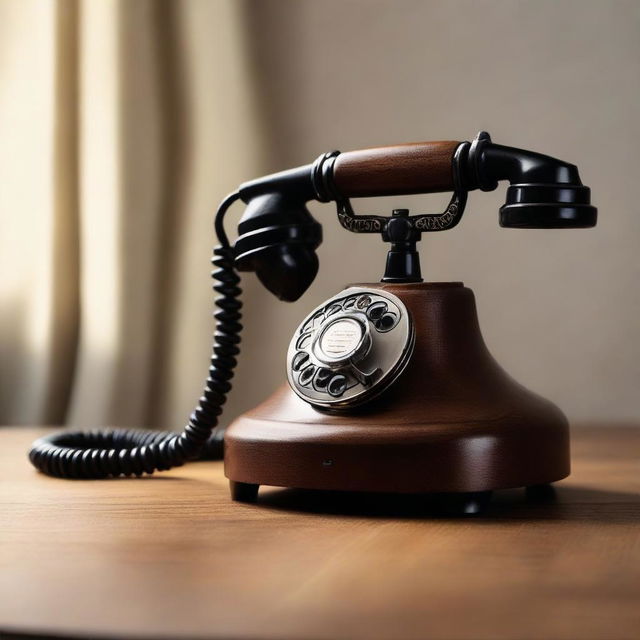 A vintage telephone resting on a wooden table, mid-ring. The stout rotary phone exhibits intricate details, complemented by the softly lit ambient setting.