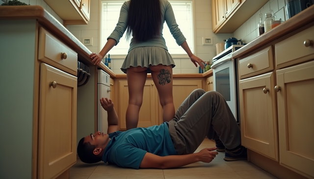 In a wide-angle view of a kitchen, a plumber is lying on his back under the sink with his legs extended outwards and his head tucked beneath the sink, busy repairing a pipe