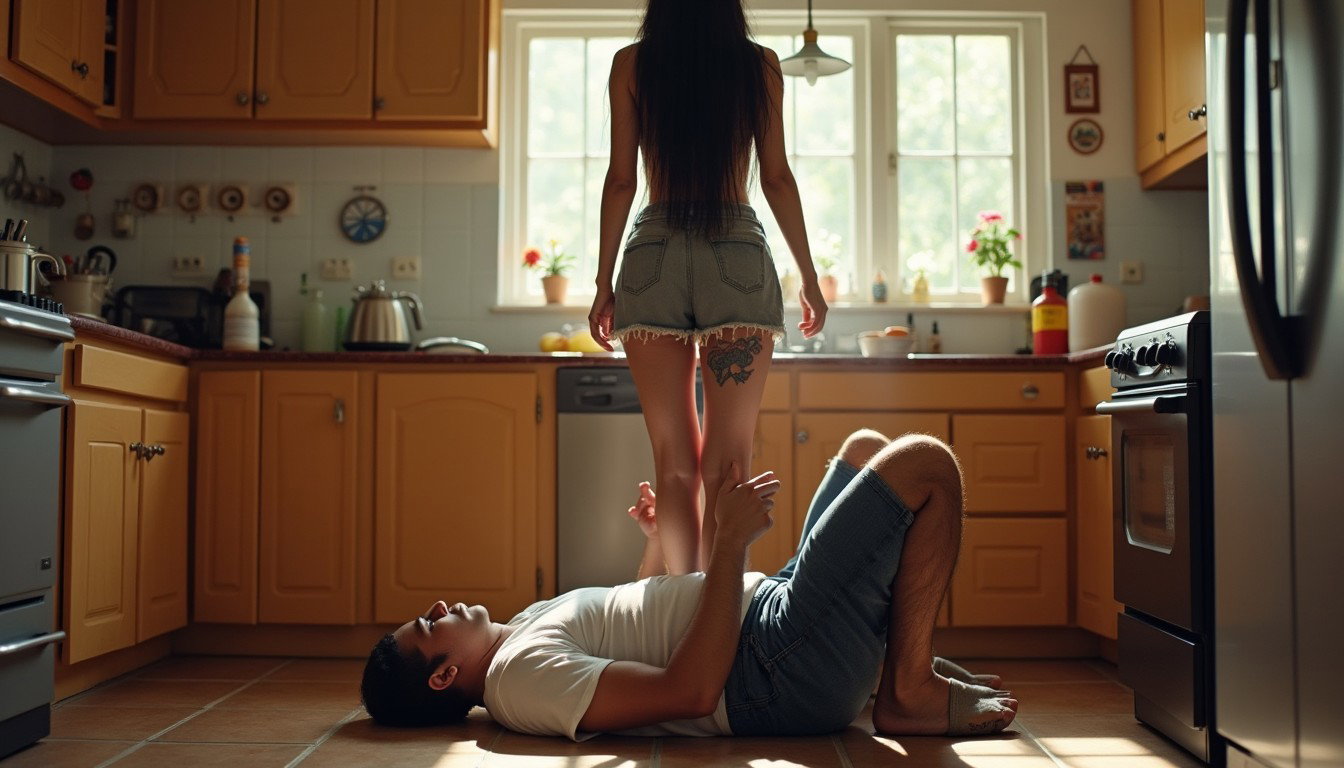 An expansive view of a kitchen where a plumber is lying on his back under the sink with his legs extended outward and his head beneath the sink as he repairs a pipe
