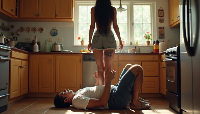 An expansive view of a kitchen where a plumber is lying on his back under the sink with his legs extended outward and his head beneath the sink as he repairs a pipe
