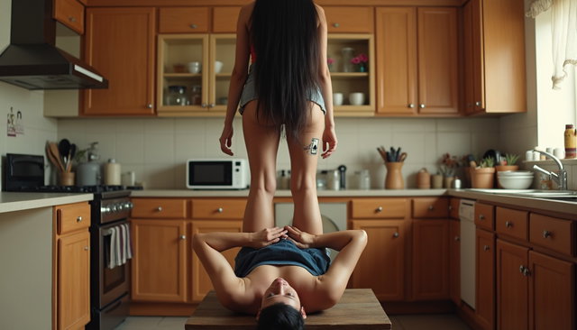 In a spacious and warmly lit kitchen, a plumber lies on his back beneath the sink with his legs extended outward and his head tucked under the sink as he works on a pipe