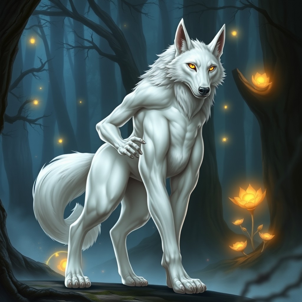 A powerful and muscular female lupine creature with pure white fur and striking yellow eyes, standing proudly in a mystical, forested environment