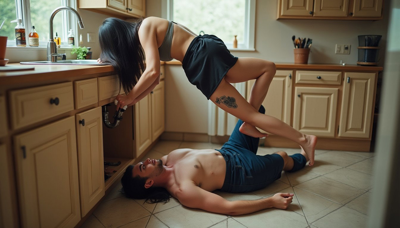In a spacious kitchen setting, a plumber is lying on his back beneath the sink with his legs extended outward and his head tucked under the sink as he focuses on repairing a pipe