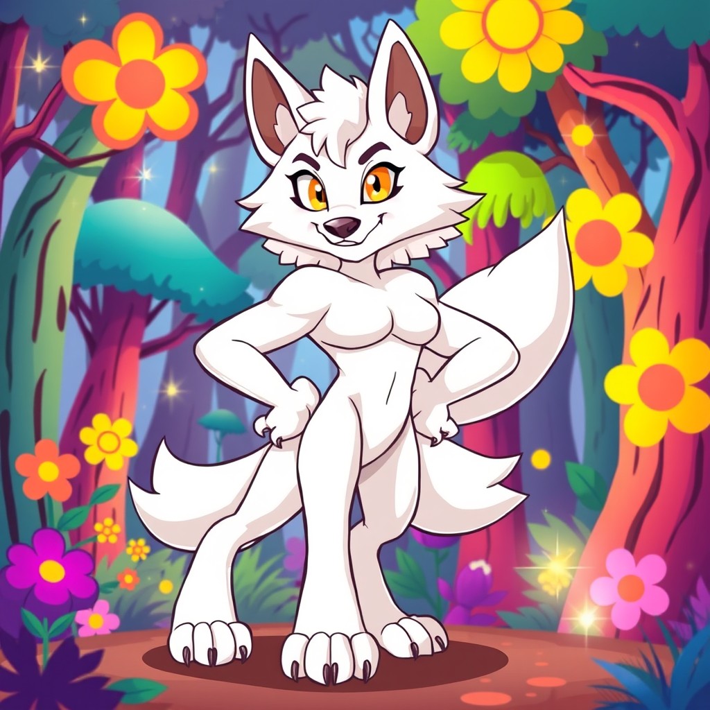 A cartoon-style illustration of a powerful female lupine character with pure white fur and bright yellow eyes, standing confidently on two strong legs