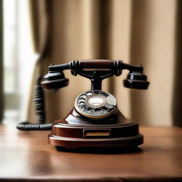 A vintage telephone resting on a wooden table, mid-ring. The stout rotary phone exhibits intricate details, complemented by the softly lit ambient setting.