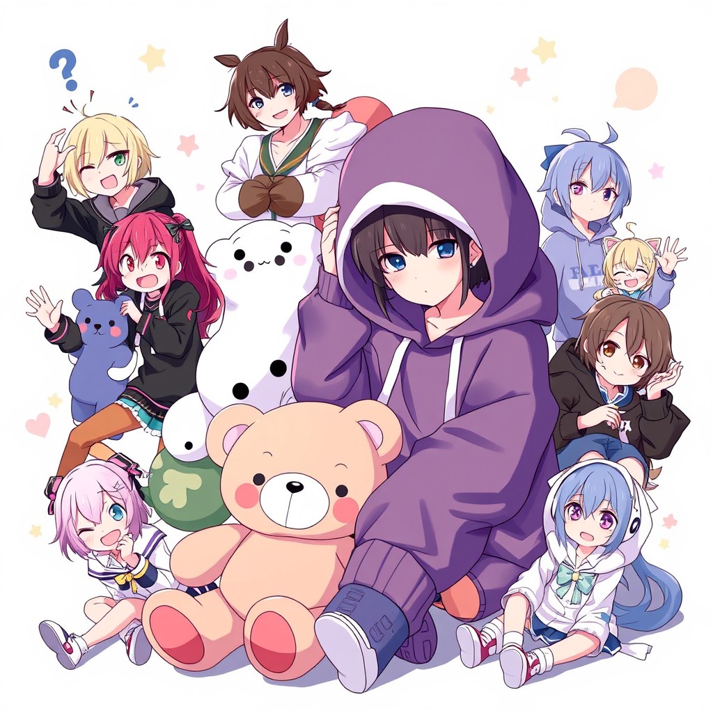 A stylish anime girl dressed in an oversized hoodie, sitting comfortably beside a cute teddy bear, exuding a cozy and playful vibe