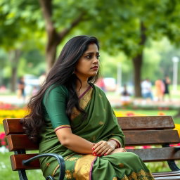An Indian married woman in her thirties is sitting alone on a park bench, her traditional attire reflecting her cultural background