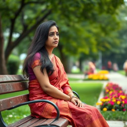 An Indian married woman in her thirties is sitting alone on a park bench, her traditional attire reflecting her cultural background