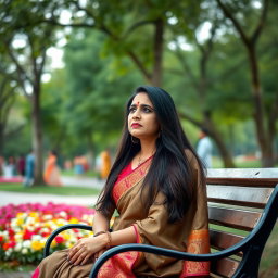 An Indian married woman in her thirties is sitting alone on a park bench, her traditional attire reflecting her cultural background