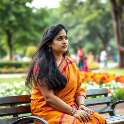 An Indian married woman in her thirties is sitting alone on a park bench, her traditional attire reflecting her cultural background
