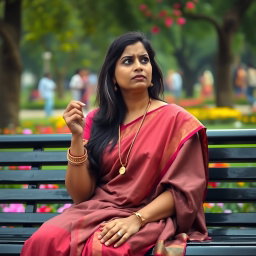 An Indian married woman in her thirties sits alone on a park bench, holding a mangalsutra in her hand, which symbolizes her marital status