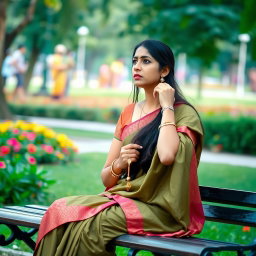 An Indian married woman in her thirties sits alone on a park bench, holding a mangalsutra in her hand, which symbolizes her marital status