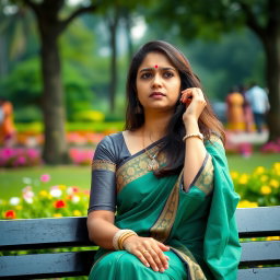 An Indian married woman in her thirties sits alone on a park bench, holding a mangalsutra in her hand, which symbolizes her marital status