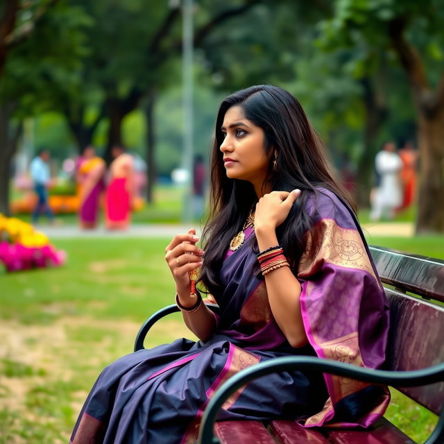 An Indian married woman in her thirties sits alone on a park bench, holding a mangalsutra in her hand, which symbolizes her marital status