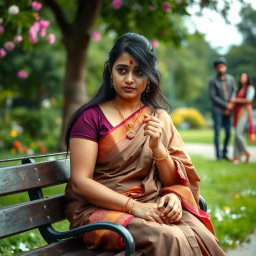 An Indian married woman in her thirties sits alone on a park bench, holding a mangalsutra in her hand, symbolizing her marital commitment