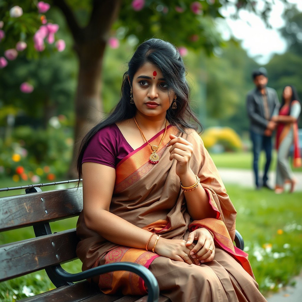 An Indian married woman in her thirties sits alone on a park bench, holding a mangalsutra in her hand, symbolizing her marital commitment