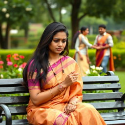 An Indian married woman in her thirties sits alone on a park bench, holding a mangalsutra in her hand, symbolizing her marital commitment