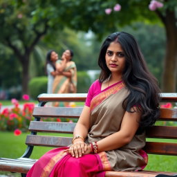 An Indian married woman in her thirties sits alone on a park bench, holding a mangalsutra in her hand, symbolizing her marital commitment