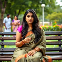 An Indian married woman in her thirties sits alone on a park bench, holding a mangalsutra in her hand, symbolizing her marital commitment