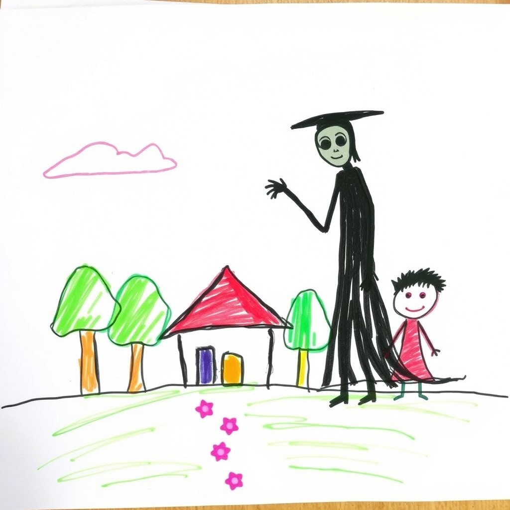 A child-like drawing created by a five-year-old, featuring a simple, colorful landscape