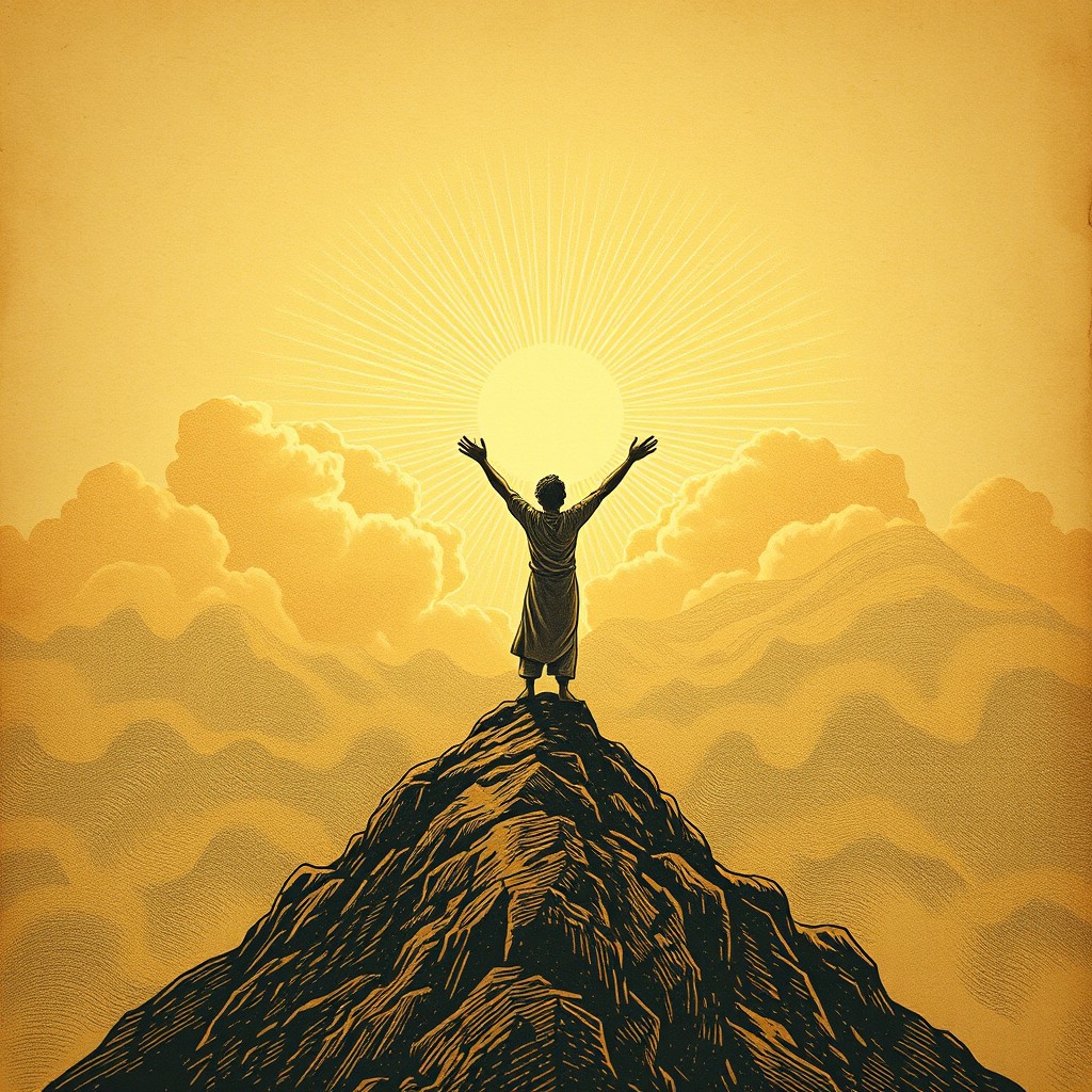 An ancient engraved illustration style depicting a lone figure standing on a high mountain at dawn, with arms stretched towards the sky in a gesture of surrender and hope