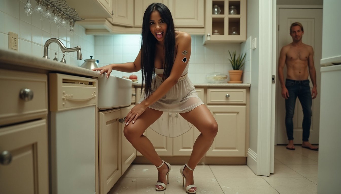 In a contemporary kitchen, a light-skinned Mexican woman with long, straight black hair that extends to her waist stands confidently in front of the sink