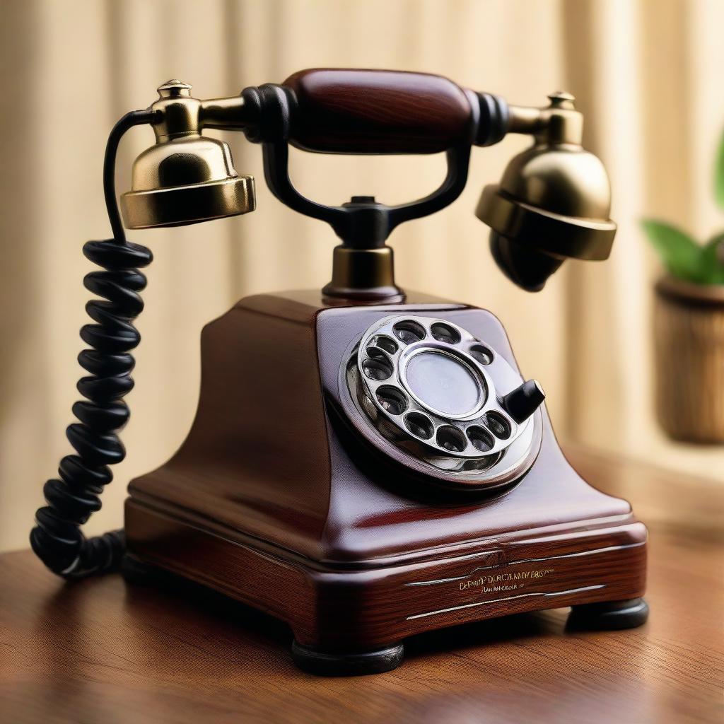 A vintage telephone resting on a wooden table, mid-ring. The stout rotary phone exhibits intricate details, complemented by the softly lit ambient setting.