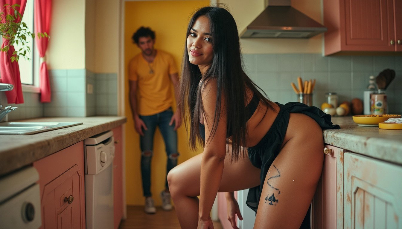 In a vibrant kitchen setting, a light-skinned Mexican woman with long, straight black hair cascading down to her waist stands confidently
