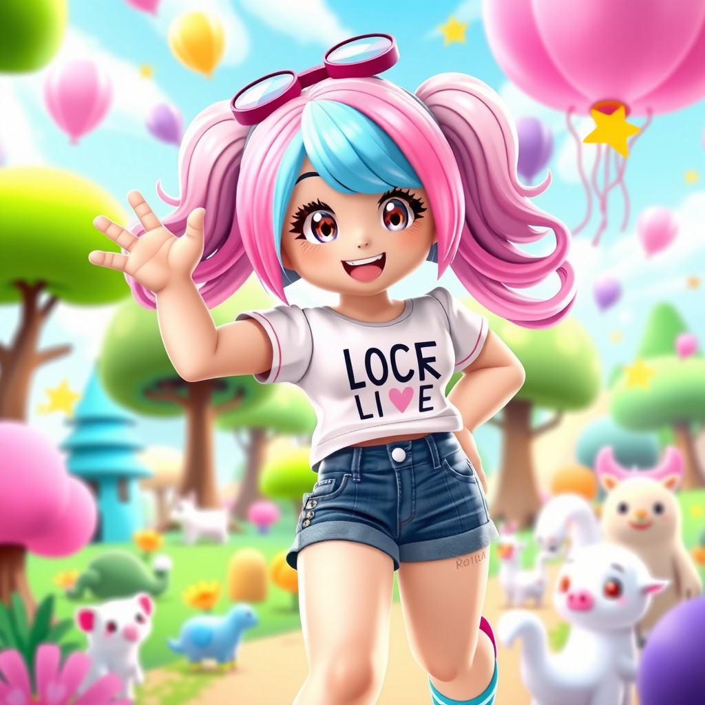 A vibrant Roblox character designed as a girl, featuring colorful hair in shades of pastel pink and blue, wearing a stylish outfit consisting of a cute graphic tee and denim shorts