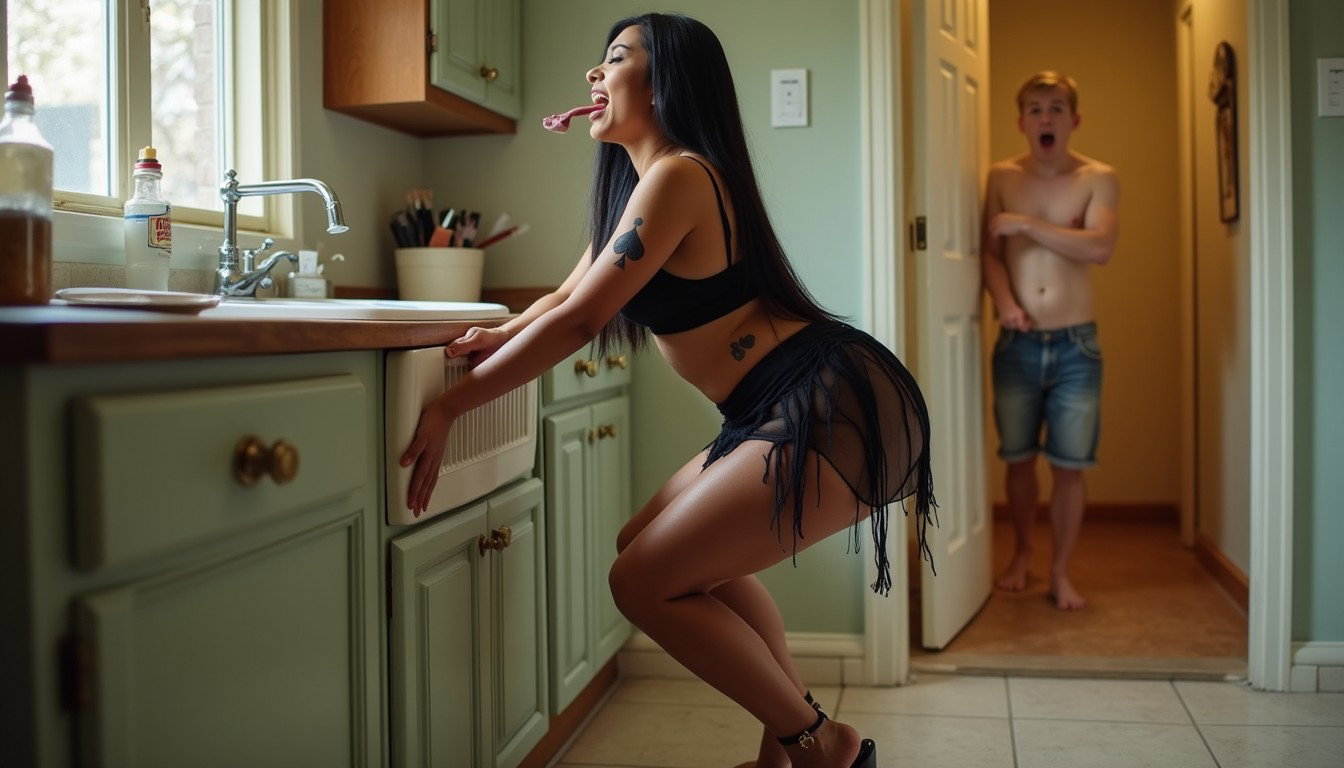 A light-skinned Mexican woman with long, straight black hair cascading down to her waist stands in a kitchen in front of the sink