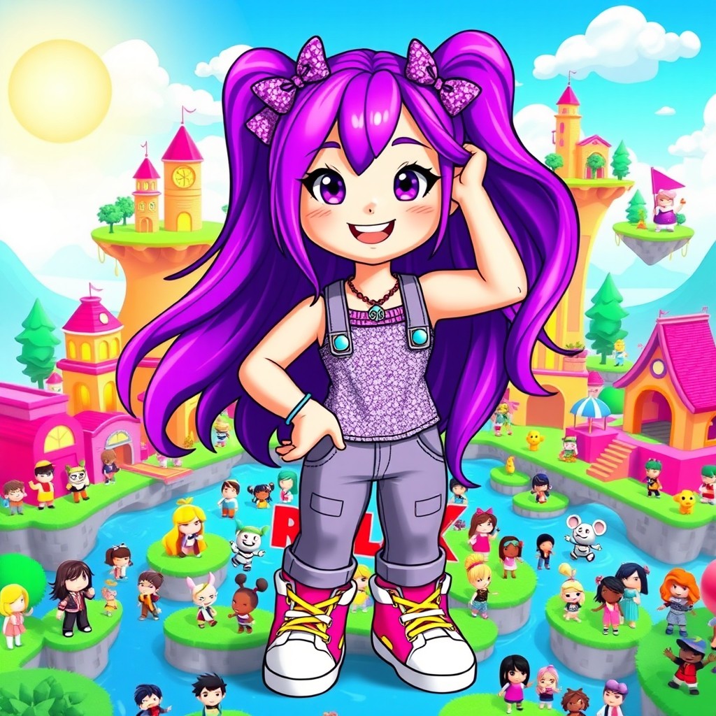 A colorful Roblox girl character with a fun and playful design, featuring long flowing hair in vibrant purple shades, adorned with cute accessories like bows