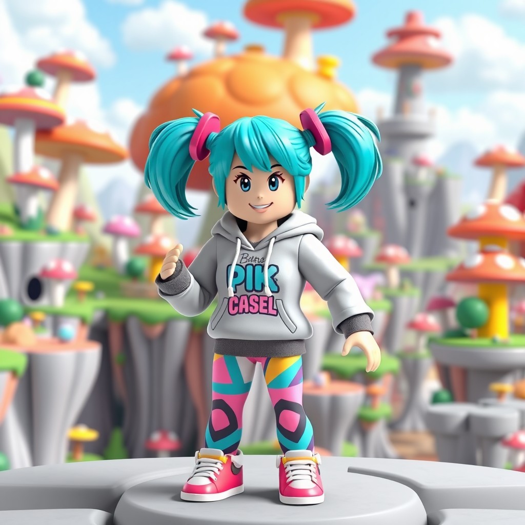 A 3D Roblox girl character featuring bright turquoise hair styled in playful pigtails, dressed in a trendy hoodie with playful graphics and colorful leggings