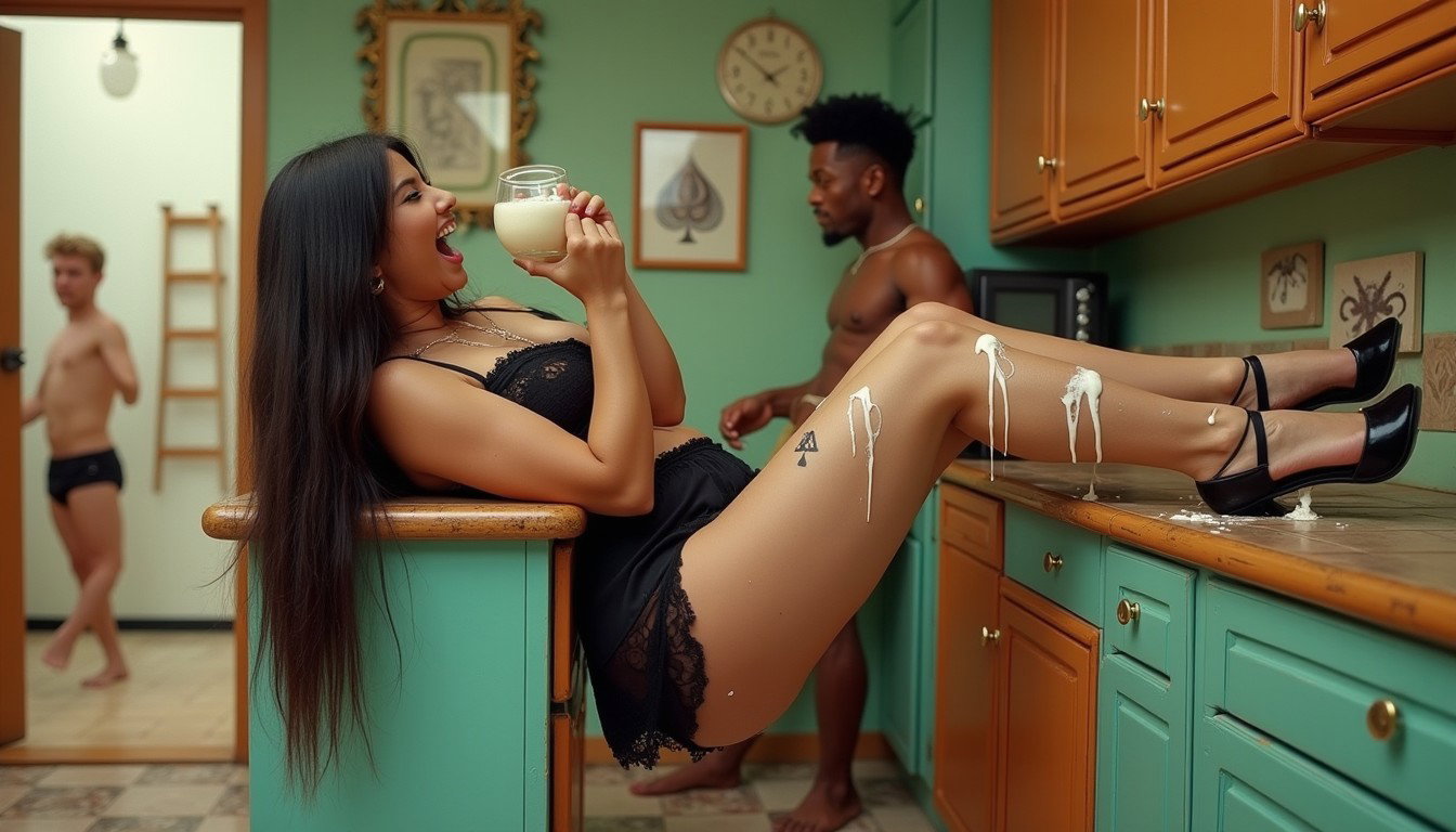 In a vibrant kitchen, a light-skinned Mexican woman with long, straight black hair flowing down to her waist is lying along the countertop