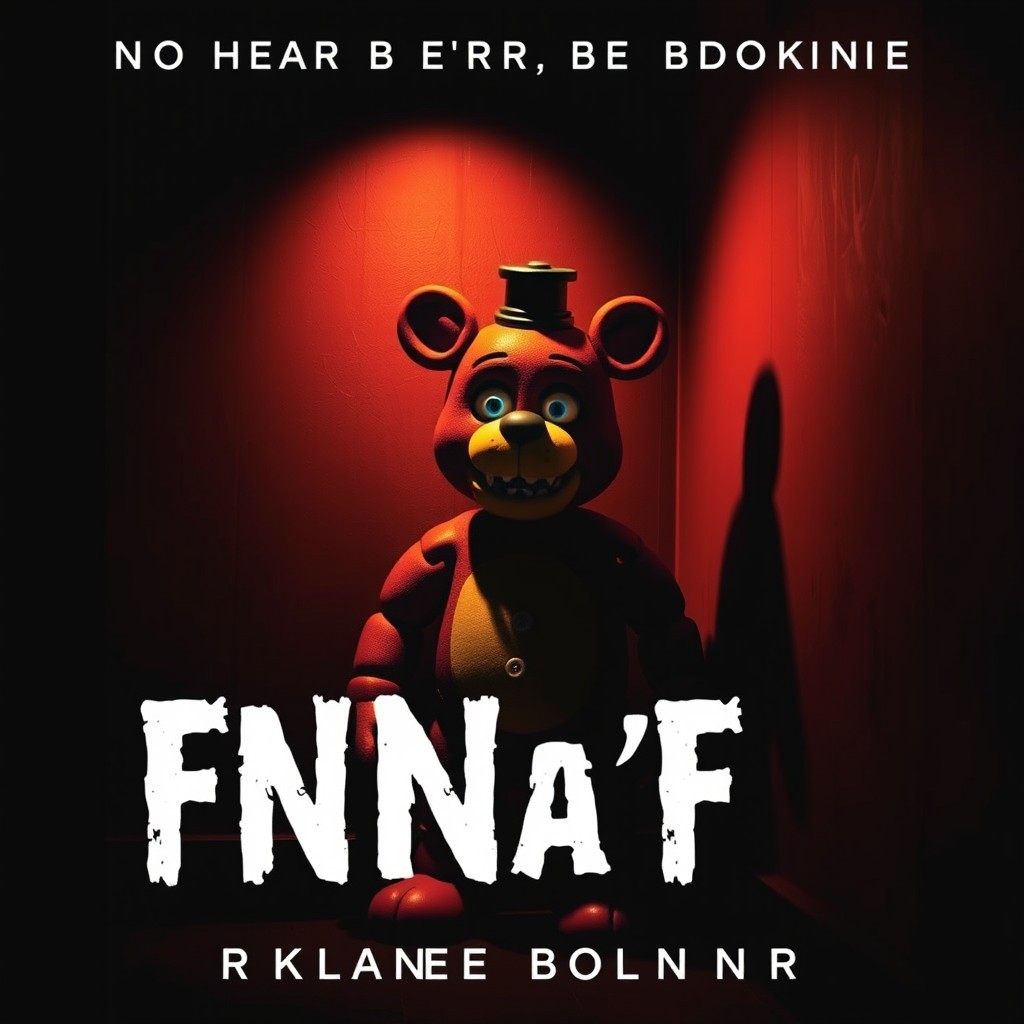 A dramatic book cover for a book about the FNaF franchise featuring Freddy the bear standing ominously in a dimly lit corner