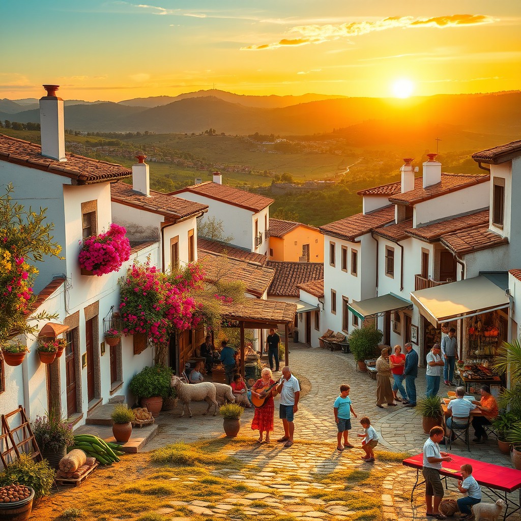 A picturesque rural landscape in authentic Spain, showcasing the beauty of traditional Spanish architecture with whitewashed houses, blooming bougainvillea, and terracotta roofs