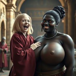 In a medieval hall, a young malnourished blonde woman, 19 years old, joyfully screaming with bright blue eyes and medium-length hair, dressed in a long, fully closed noble Buddhist robe