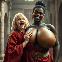 In a medieval hall, a young malnourished blonde woman, 19 years old, joyfully screaming with bright blue eyes and medium-length hair, dressed in a long, fully closed noble Buddhist robe