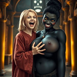 In a medieval hall, a young malnourished blonde woman, 19 years old, joyfully screaming with bright blue eyes and medium-length hair, dressed in a long, fully closed noble Buddhist robe