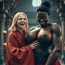 In a medieval hall, a young malnourished blonde woman, 19 years old, joyfully screaming with bright blue eyes and medium-length hair, dressed in a long, fully closed noble Buddhist robe