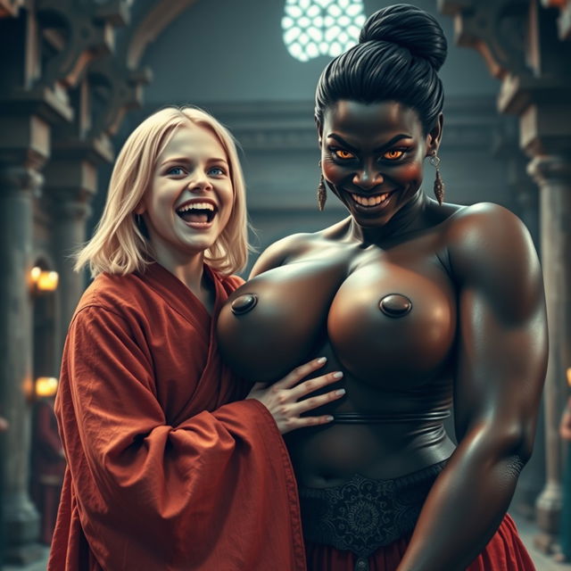 In a medieval hall, a young malnourished blonde woman, 19 years old, joyfully screaming with bright blue eyes and medium-length hair, dressed in a long, fully closed noble Buddhist robe