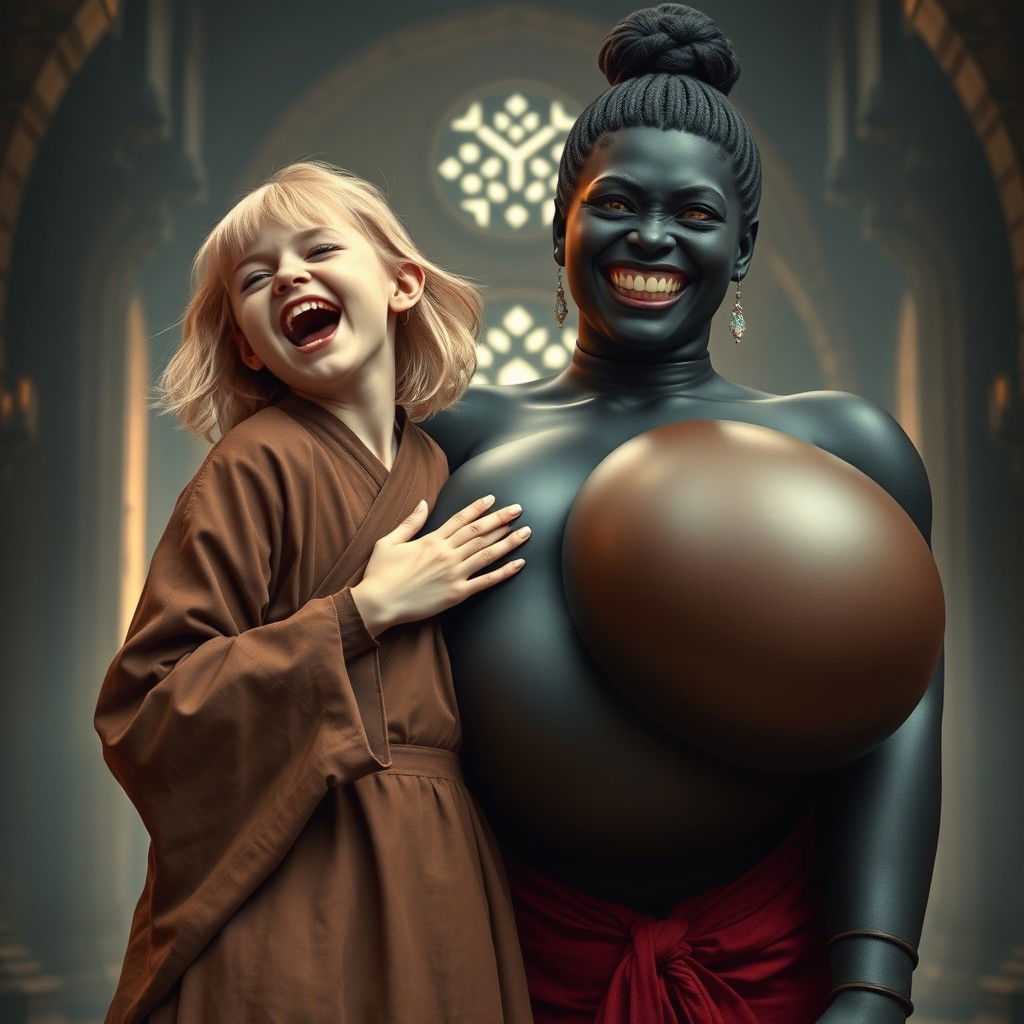 In a medieval hall, a young malnourished blonde woman, 19 years old, joyfully screaming with bright blue eyes and medium-length hair, dressed in a long, fully closed noble Buddhist robe