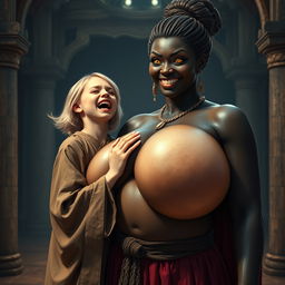 In a medieval hall, a young malnourished blonde woman, 19 years old, joyfully screaming with bright blue eyes and medium-length hair, dressed in a long, fully closed noble Buddhist robe