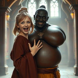 In a medieval hall, a young malnourished blonde woman, 19 years old, joyfully screaming with bright blue eyes and medium-length hair, dressed in a long, fully closed noble Buddhist robe