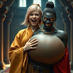 In a medieval hall, a young malnourished blonde woman, 19 years old, joyfully screaming with bright blue eyes and medium-length hair, dressed in a long, fully closed noble Buddhist robe